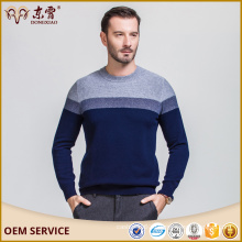 Темно-синий 100 % полосатый шерстяной свитер с круглым воротником шеи для мужчин